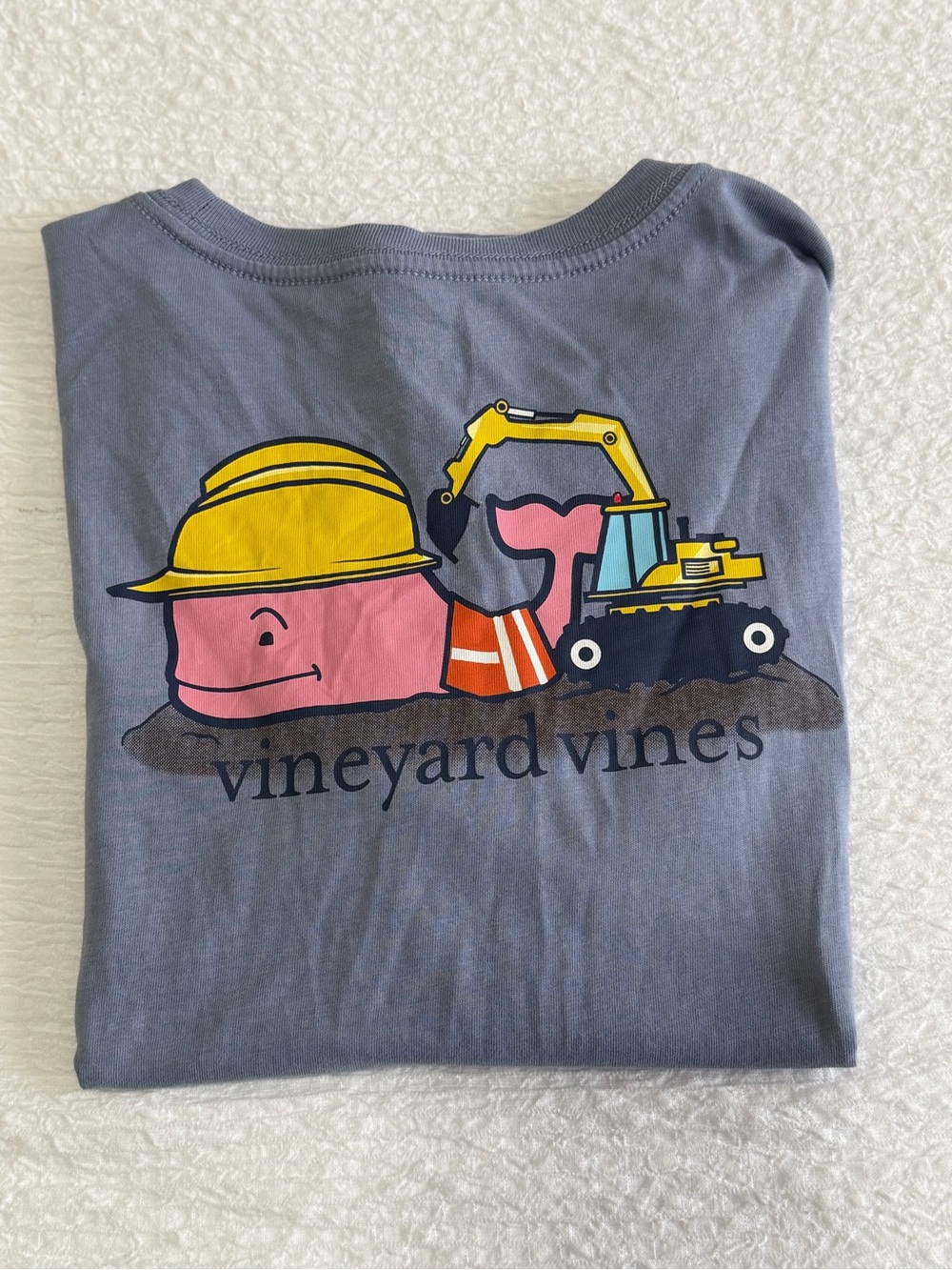 Vineyard Vines Boys Sz 7 Construction Whale Pocket Tee Excavator Slate Blue/Gray